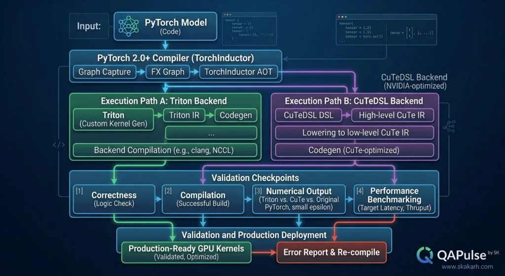 PyTorch v2.13.0: FlexAttention, FSDP2, and the New AI Performance Stack PyTorch model entering TorchInductor and branching into Triton and CuTeDSL execution paths before reaching GPU kernels