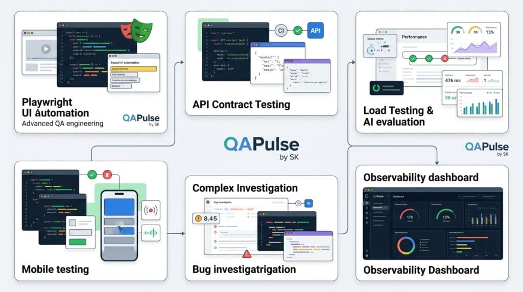QA Engineer Portfolio: 7 Powerful Projects That Get Interviews in 2026 4 QA engineer portfolio projects showing automation API performance AI mobile testing and observability skills