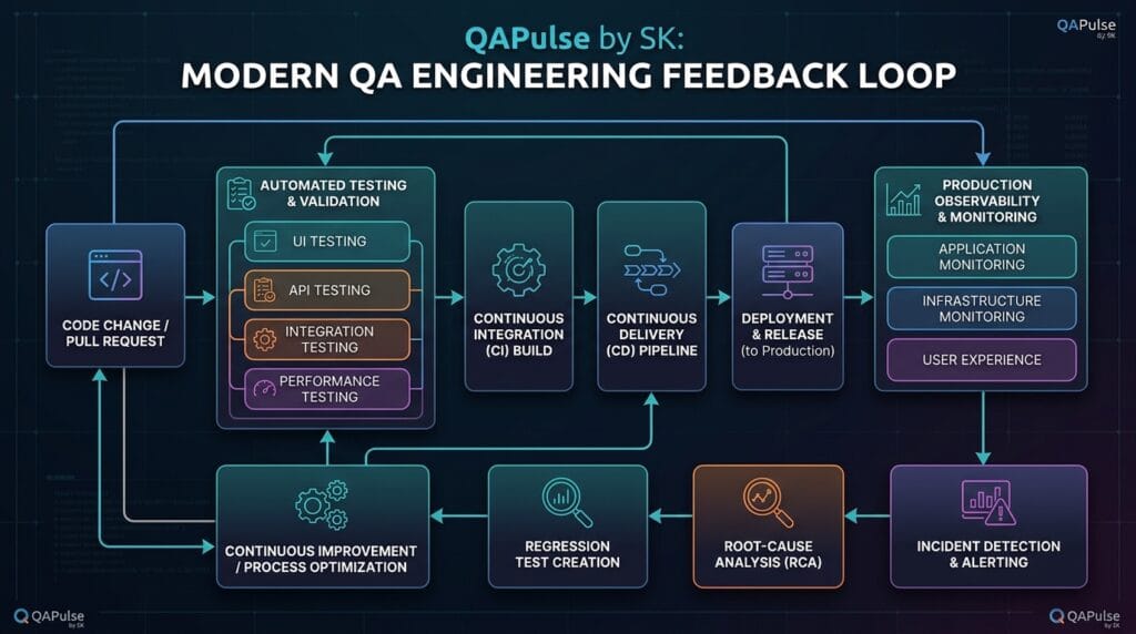 What is QA Engineering? A Practical Guide to Modern Software Quality 4 QA engineering feedback loop connecting automated testing CI CD production observability and continuous improvement