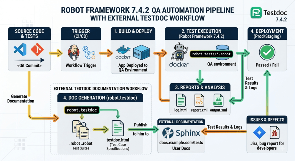 Robot Framework 7.4.2 QA automation pipeline with external Testdoc documentation workflow