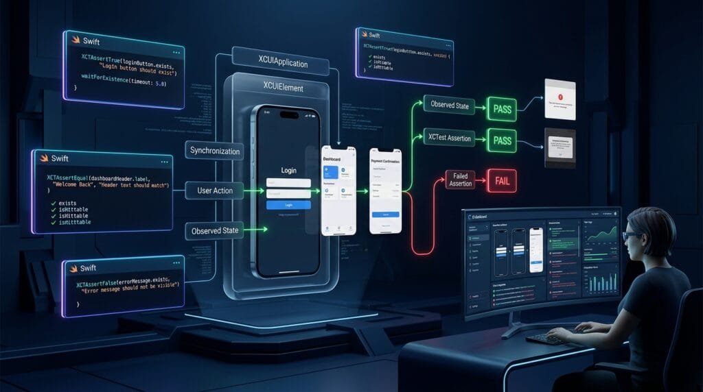 XCUITest Assertions: Validating iOS App Behavior SDET architecture visualization for production-grade XCUITest assertions