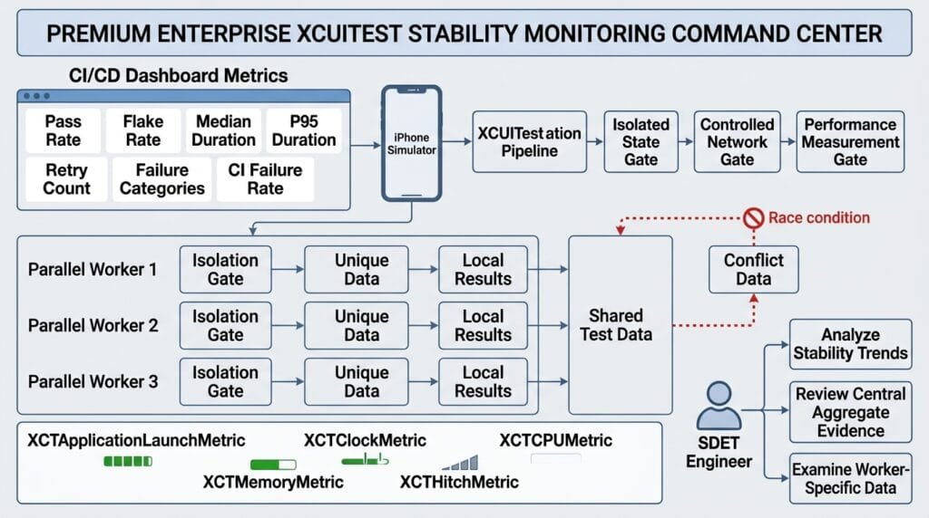 SDET command center showing production XCUITest parallel execution and CI observability
