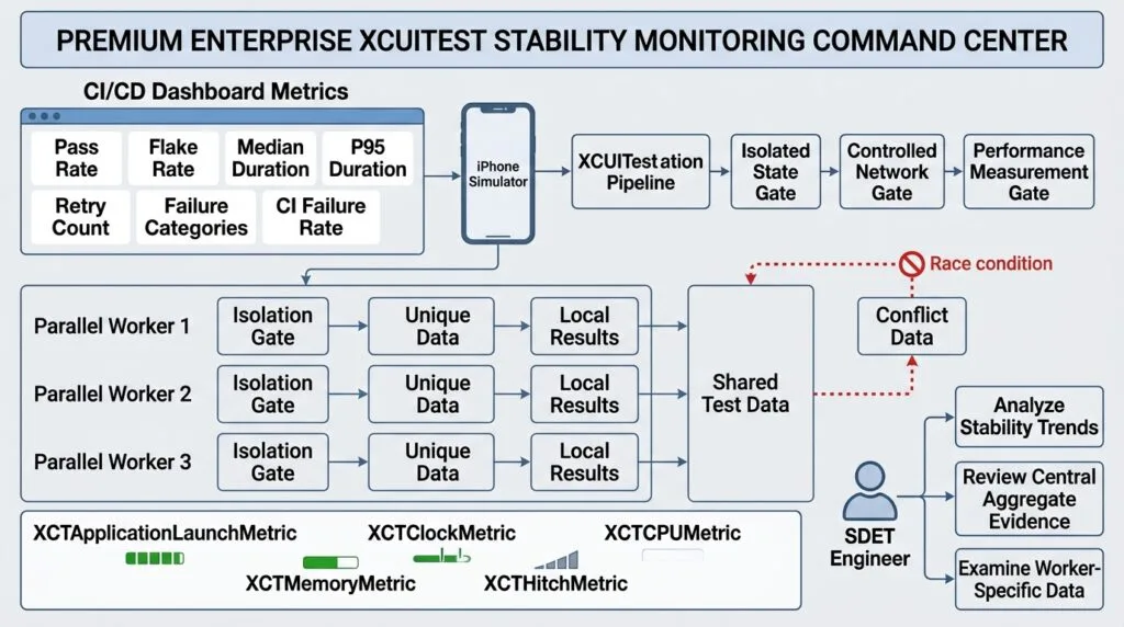 XCUITest Parallel Testing: Scaling iOS UI Automation with Reliable Execution Strategies SDET command center showing production XCUITest parallel execution and CI observability