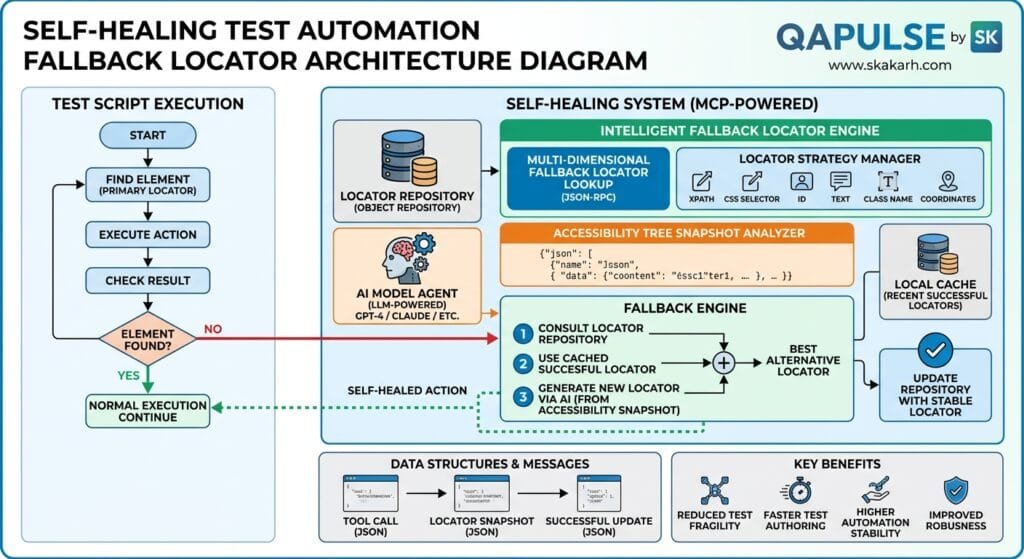 Self-Healing Test Automation: 5 Best Fallback Locator Secrets Self-Healing Test Automation Fallback Locator Architecture Diagram