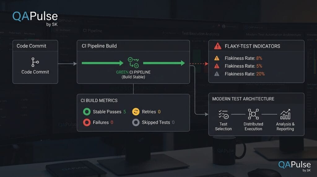 Test Automation Framework Health: 9 Signs Your Tests Are Lying to You Software engineering dashboard showing a green CI pipeline alongside hidden flaky-test indicators