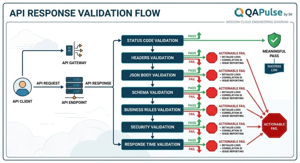 API Assertions Testing: The Validation Layer That Separates Real API Tests From Fake Confidence Software Engineering diagram showing an API request flowing into an Endpoint