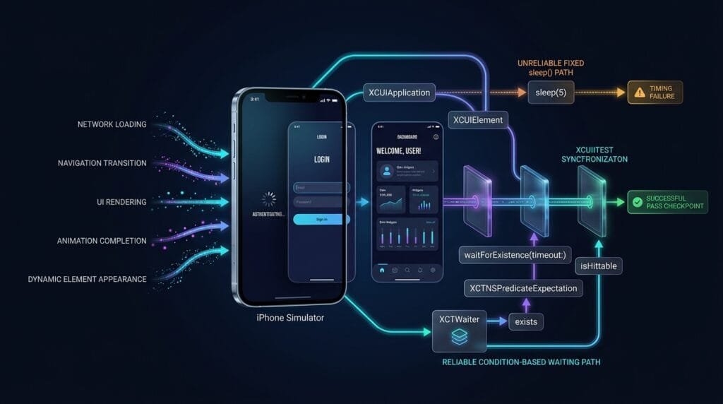 XCUITest Synchronization: Reliable Waiting for iOS UI Tests Technical visualization for an advanced XCUITest synchronization