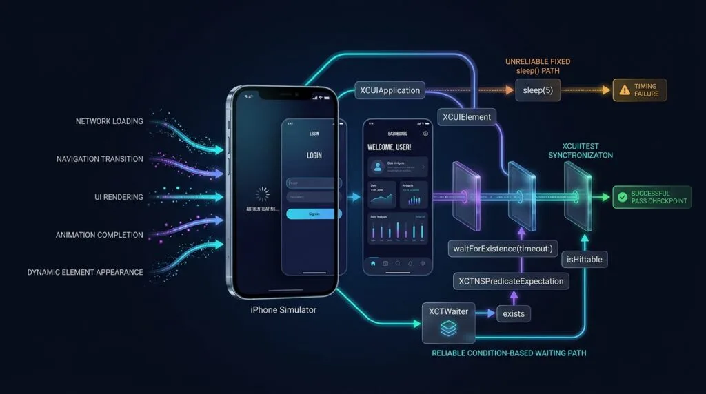 XCUITest Synchronization: Reliable Waiting for iOS UI Tests Technical visualization for an advanced XCUITest synchronization
