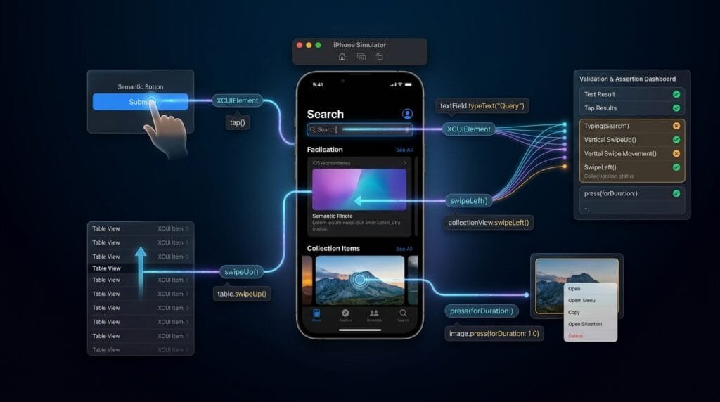 XCUITest Actions: Tap, Type, Swipe, Scroll and Long Press Visualisation of five primary XCUITest actions