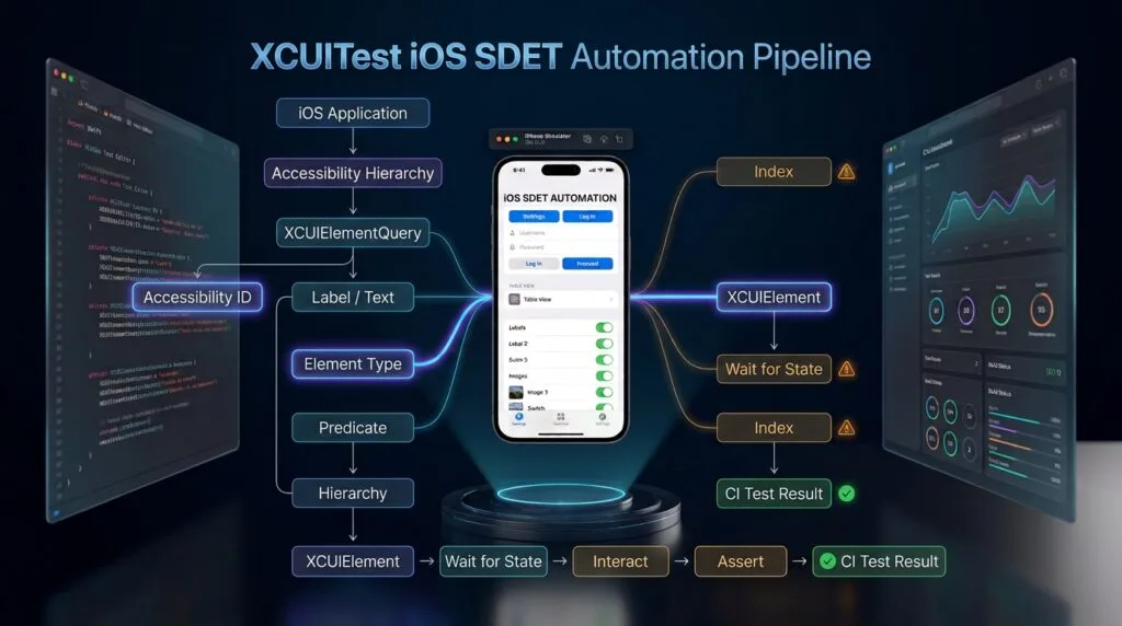 XCUITest Locators: IDs, Labels, Text and Element Queries XCUITest iOS SDET Automation Pipeline