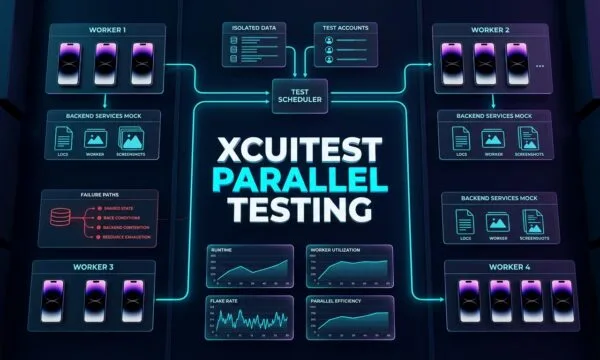 XCUITest Parallel Testing: Scaling iOS UI Automation with Reliable Execution Strategies XCUITest parallel testing architecture with multiple iOS test workers and isolated simulators