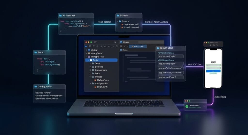 XCUITest Project Structure and Test Target Architecture XCUITest project structure inside a modern Xcode workspace