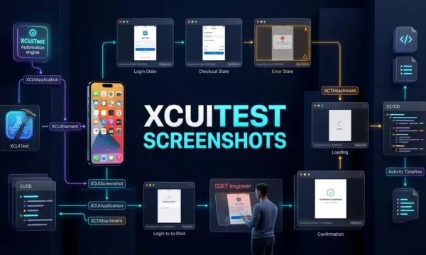 XCUITest screenshots showing iOS UI test evidence and XCTest attachments