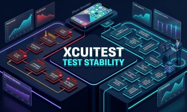 XCUITest test stability architecture showing reliable iOS UI automation and CI performance monitoring