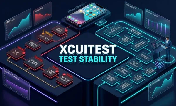 XCUITest Test Stability: Building Fast, Reliable, and Flake-Free iOS UI Tests XCUITest test stability architecture showing reliable iOS UI automation and CI performance monitoring