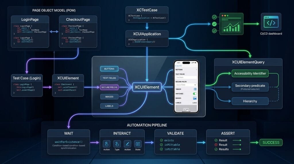 XCUIElement: Finding and Interacting with UI Elements Architecture visualization showing a production-grade XCUIElement automation framework