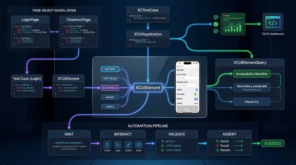 XCUIElement: Finding and Interacting with UI Elements Architecture visualization showing a production-grade XCUIElement automation framework