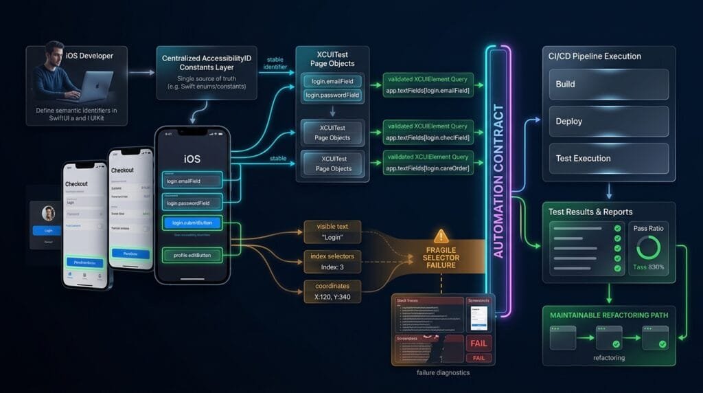 iOS Accessibility Identifiers: Build Reliable XCUITest Automation iOS test automation architecture visualization