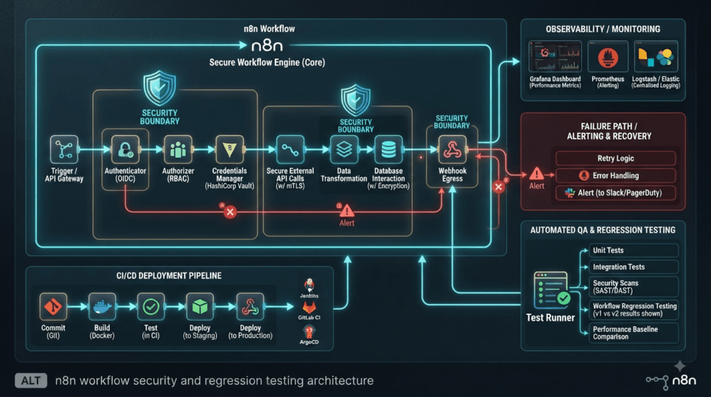 n8n workflow security and regression testing architecture