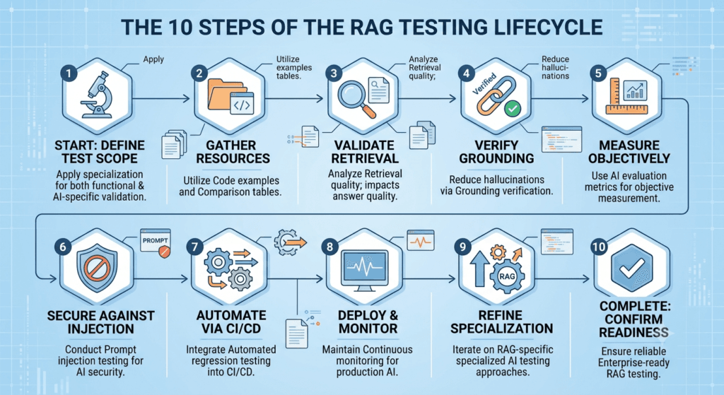 RAG Testing Strategy: 10 Essential Validation Techniques Every QA Engineer Must Master in 2026 2 10-step flow for RAG (Retrieval-Augmented Generation) testing: