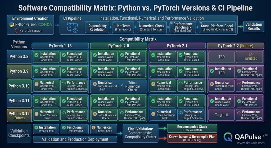 PyTorch 2.13.0: FlexAttention, FSDP2, and the New AI Performance Stack 4 software compatibility matrix showing Python versions and PyTorch versions intersecting across installation, functional, numerical, and performance validation