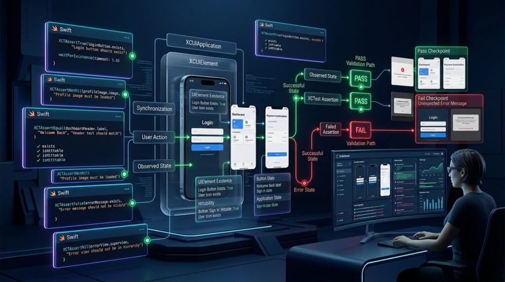 XCUITest Assertions: Validating iOS App Behavior Technical visualization for an advanced XCUITest iOS testing