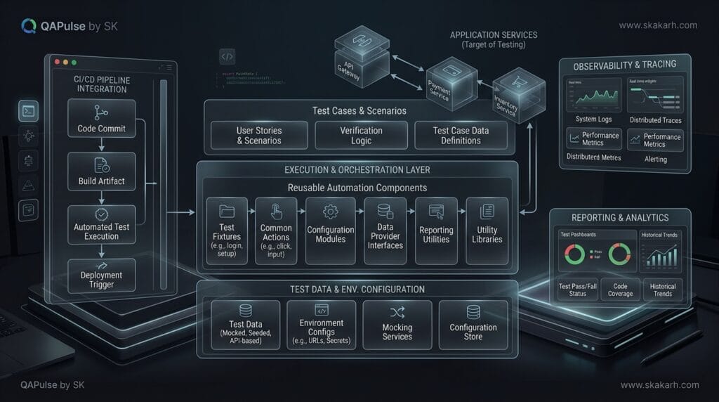 How to Build a More Reliable Test Automation Architecture Test Automation architecture showing reusable components test data CI and reporting