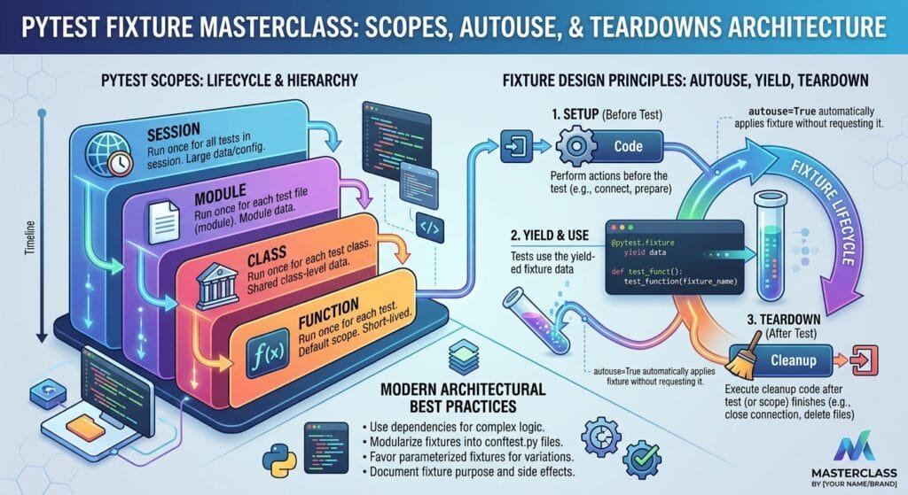 PyTest Fixture Masterclass: 7 Best Scope & Teardown Secrets PyTest Fixture Masterclass Scopes Autouse and Teardowns Architecture