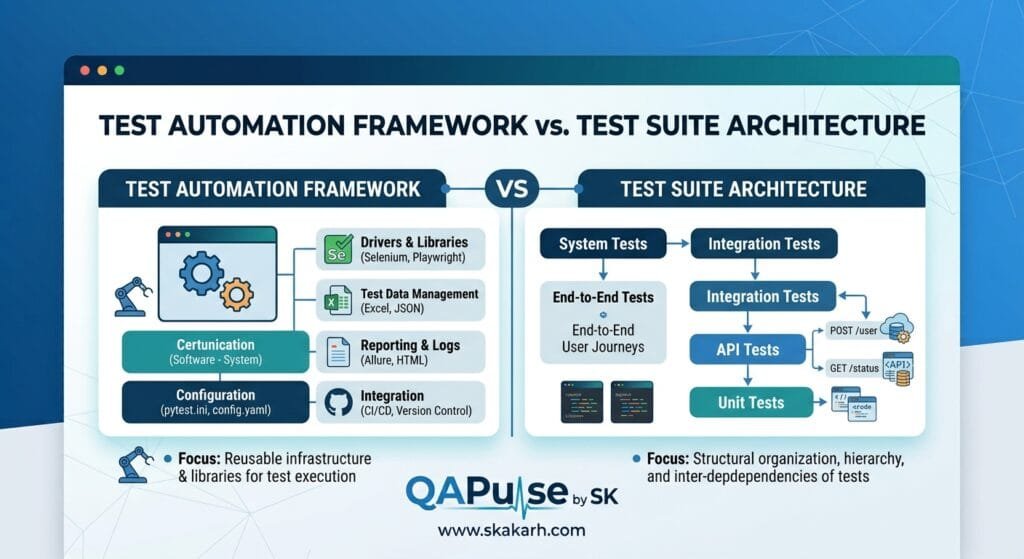 Test Automation Framework vs Test Suite: 7 Powerful Truths Test Automation Framework vs Test Suite Architecture