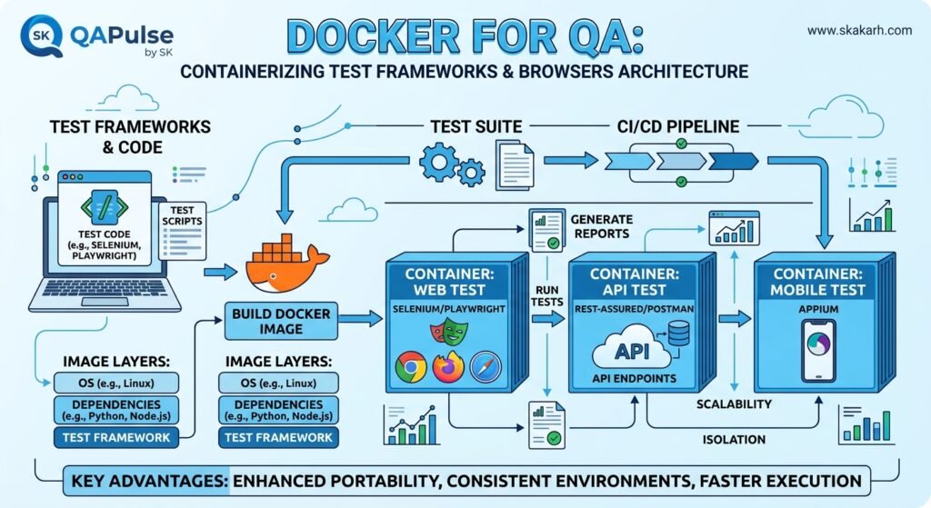 Docker for QA: 7 Best Test Container Secrets Docker for QA Containerizing Test Frameworks and Browsers Architecture